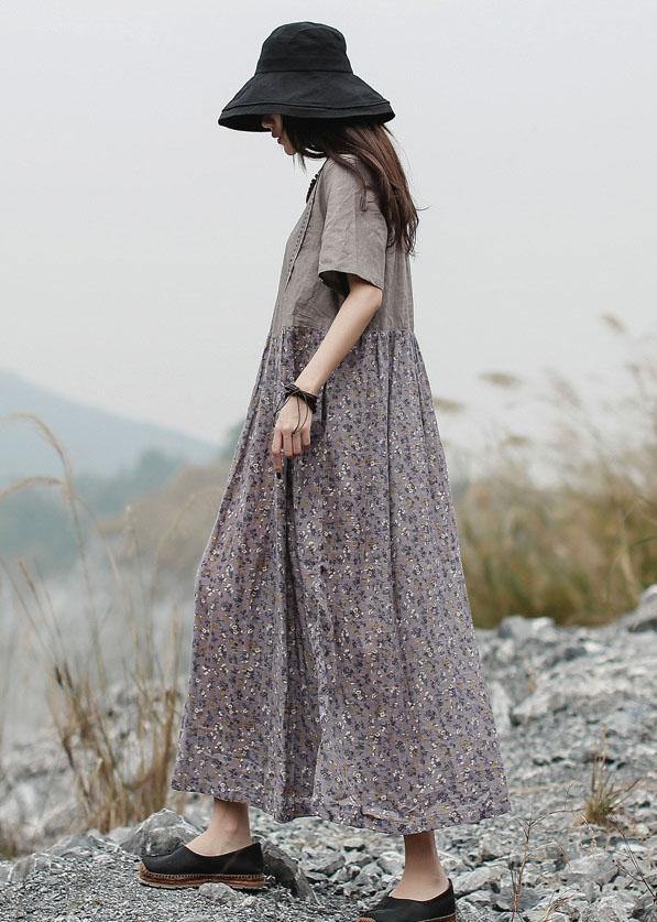 Loose patchwork linen Long Shirts Neckline gray Dress summer - bagstylebliss