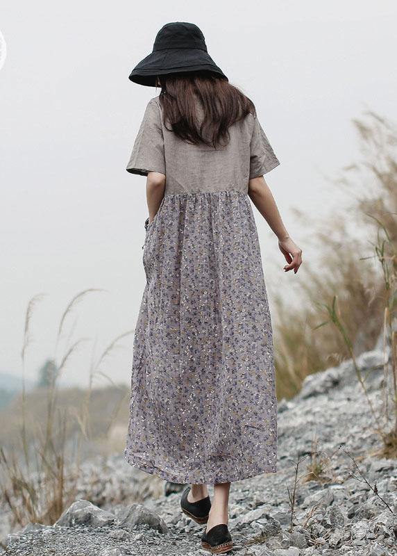 Loose patchwork linen Long Shirts Neckline gray Dress summer - bagstylebliss