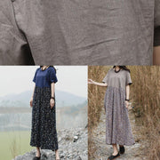 Loose patchwork linen Long Shirts Neckline gray Dress summer - bagstylebliss