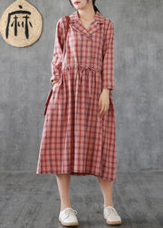 Loose pink plaid linen cotton clothes Notched drawstring cotton Dress - bagstylebliss