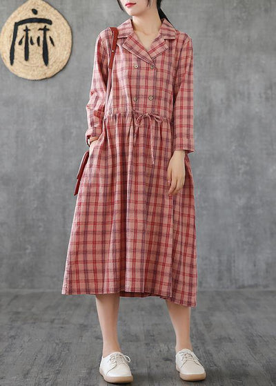 Loose pink plaid linen cotton clothes Notched drawstring cotton Dress - bagstylebliss