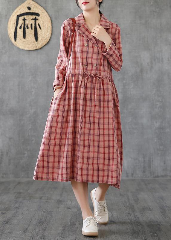 Loose pink plaid linen cotton clothes Notched drawstring cotton Dress - bagstylebliss