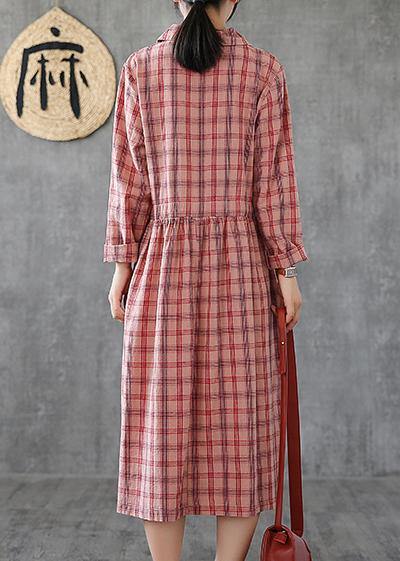 Loose pink plaid linen cotton clothes Notched drawstring cotton Dress - bagstylebliss