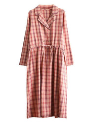 Loose pink plaid linen cotton clothes Notched drawstring cotton Dress - bagstylebliss