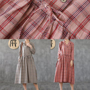 Loose pink plaid linen cotton clothes Notched drawstring cotton Dress - bagstylebliss