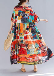 Loose prints cotton linen quilting dresses short sleeve big hem loose summer Dress - bagstylebliss