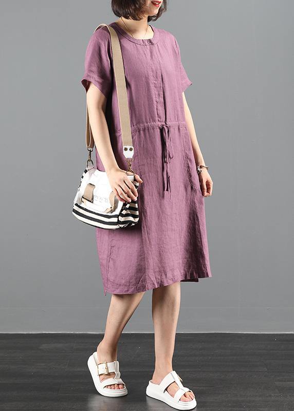 Loose purple Tunics o neck drawstring loose Dress - bagstylebliss