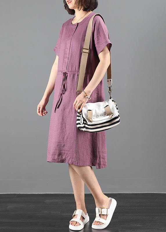 Loose purple Tunics o neck drawstring loose Dress - bagstylebliss