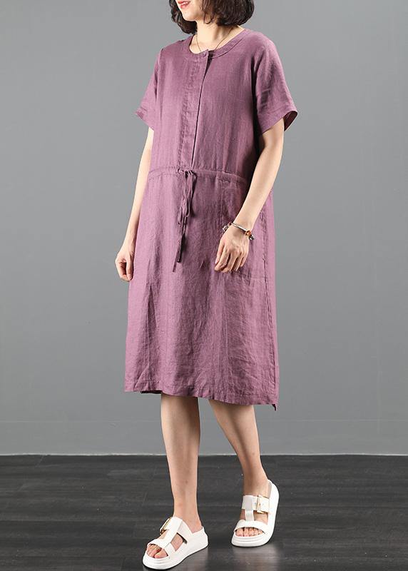 Loose purple Tunics o neck drawstring loose Dress - bagstylebliss