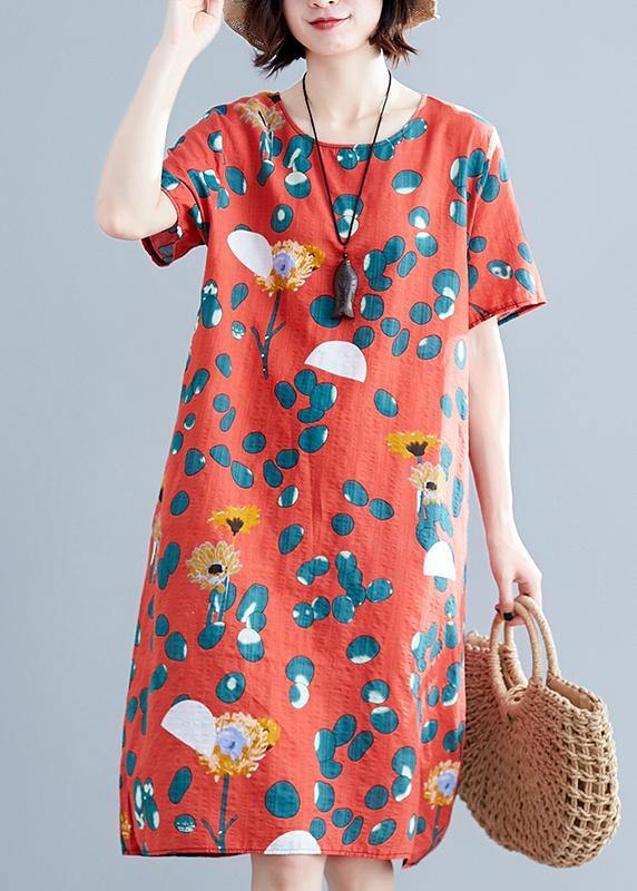 Loose red Chiffon clothes Women o neck Midi summer print Dresses - bagstylebliss