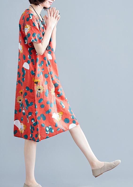 Loose red Chiffon clothes Women o neck Midi summer print Dresses - bagstylebliss