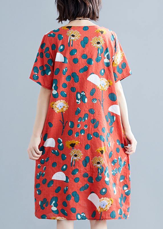 Loose red Chiffon clothes Women o neck Midi summer print Dresses - bagstylebliss