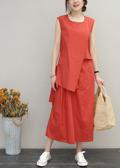 Loose red cotton Long Shirts o neck asymmetric Maxi summer Dress - bagstylebliss