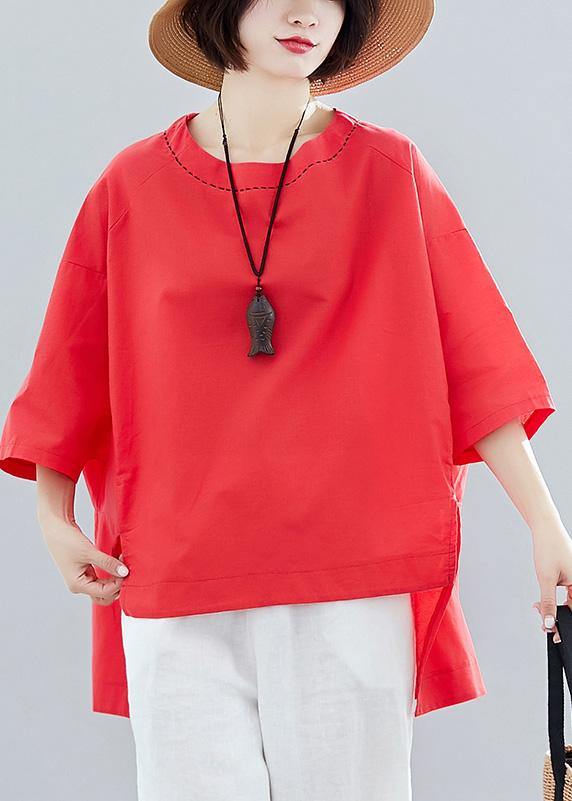 Loose red cotton Tunic low high design Art summer shirts - bagstylebliss