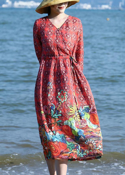 Loose red floral linen outfit drawstring long v neck Dresses - bagstylebliss