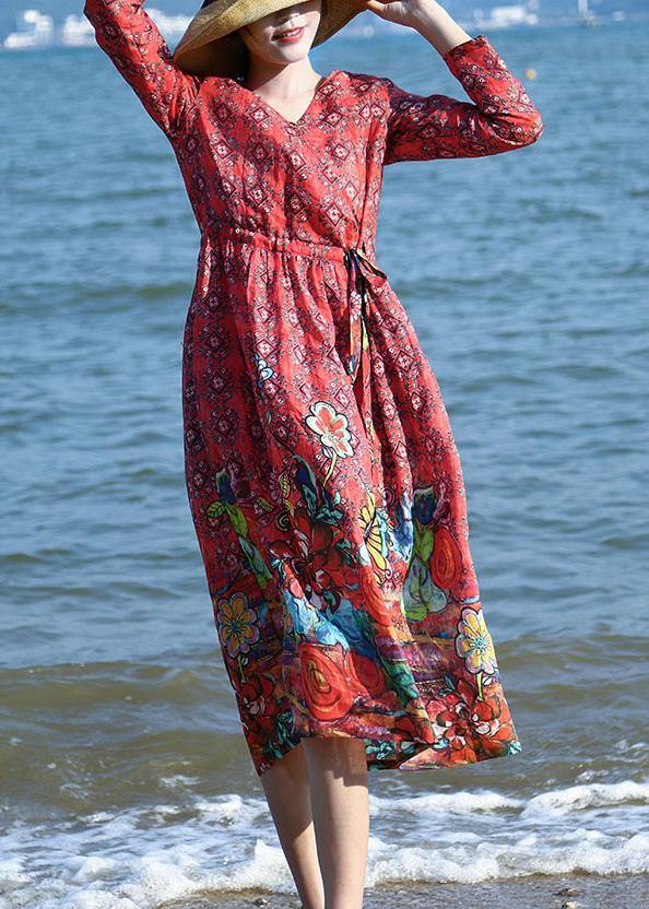 Loose red floral linen outfit drawstring long v neck Dresses - bagstylebliss