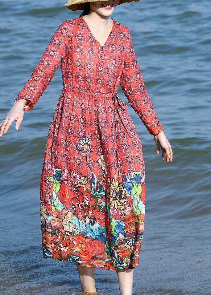 Loose red floral linen outfit drawstring long v neck Dresses - bagstylebliss