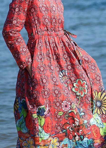 Loose red floral linen outfit drawstring long v neck Dresses - bagstylebliss