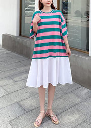 Loose red green striped dresses o neck Ruffles cotton summer Dress - bagstylebliss