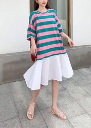 Loose red green striped dresses o neck Ruffles cotton summer Dress - bagstylebliss