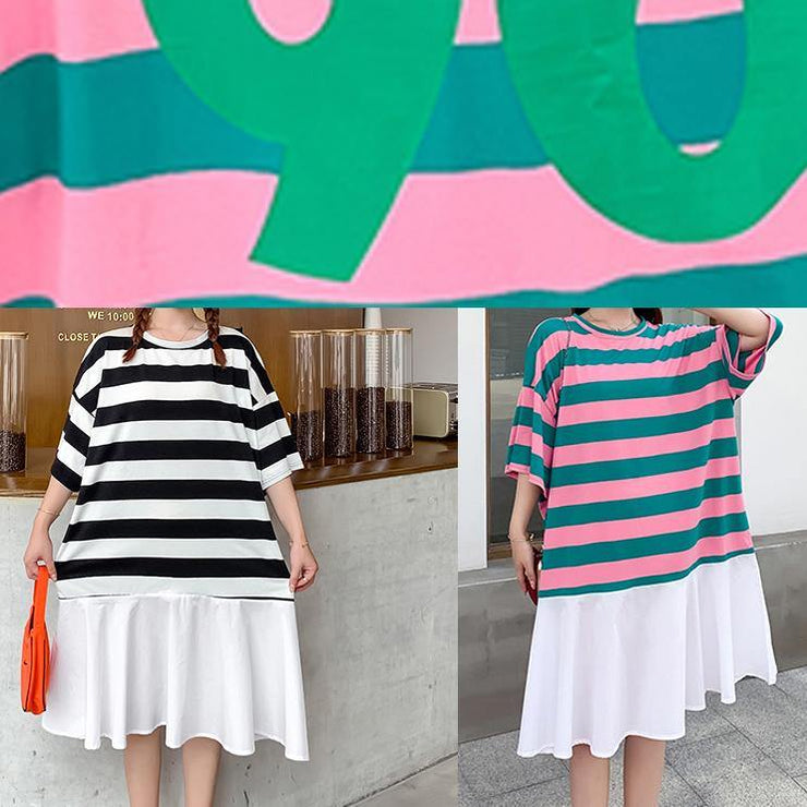 Loose red green striped dresses o neck Ruffles cotton summer Dress - bagstylebliss