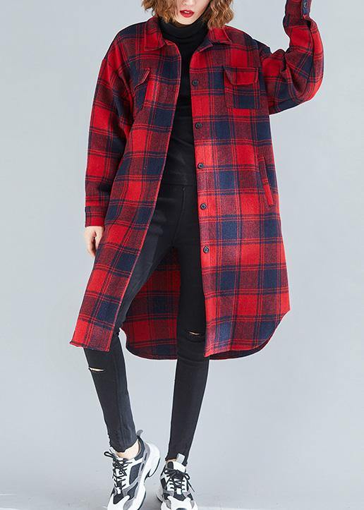 Loose red plaid cotton top silhouette lapel pockets Dresses blouses - bagstylebliss