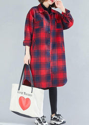 Loose red plaid cotton top silhouette lapel pockets Dresses blouses - bagstylebliss