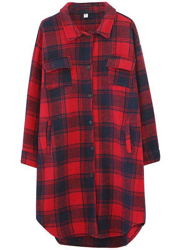 Loose red plaid cotton top silhouette lapel pockets Dresses blouses - bagstylebliss