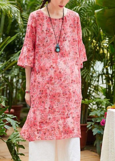 Loose red print linen clothes For Women o neck half sleeve patchwork loose summer Dresses - bagstylebliss