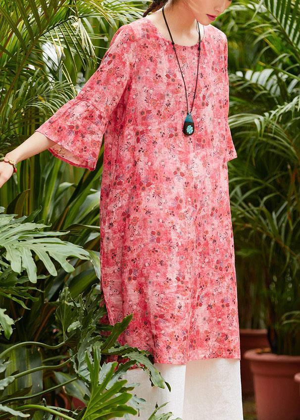 Loose red print linen clothes For Women o neck half sleeve patchwork loose summer Dresses - bagstylebliss