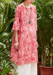 Loose red print linen clothes For Women o neck half sleeve patchwork loose summer Dresses - bagstylebliss