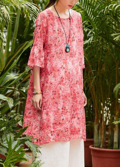 Loose red print linen clothes For Women o neck half sleeve patchwork loose summer Dresses - bagstylebliss