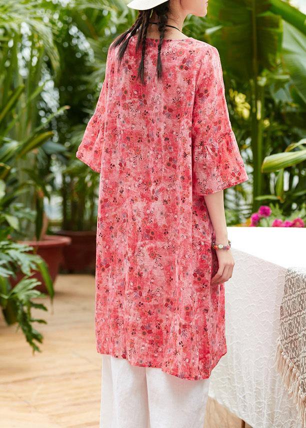 Loose red print linen clothes For Women o neck half sleeve patchwork loose summer Dresses - bagstylebliss