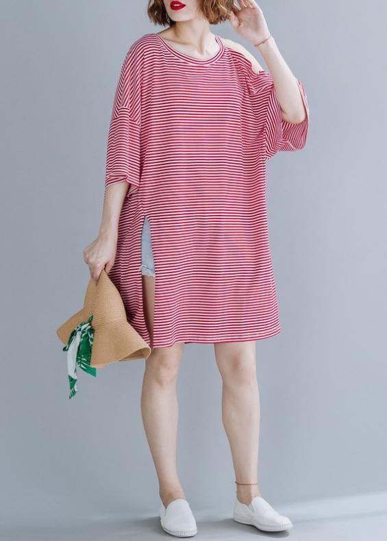 Loose red striped Cotton tunic top o neck side open shift Dresses - bagstylebliss