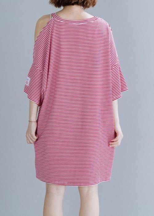 Loose red striped Cotton tunic top o neck side open shift Dresses - bagstylebliss