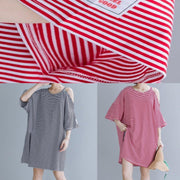 Loose red striped Cotton tunic top o neck side open shift Dresses - bagstylebliss