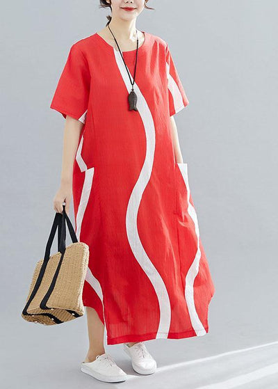 Loose red striped cotton Tunics o neck asymmetric Traveling summer Dress - bagstylebliss