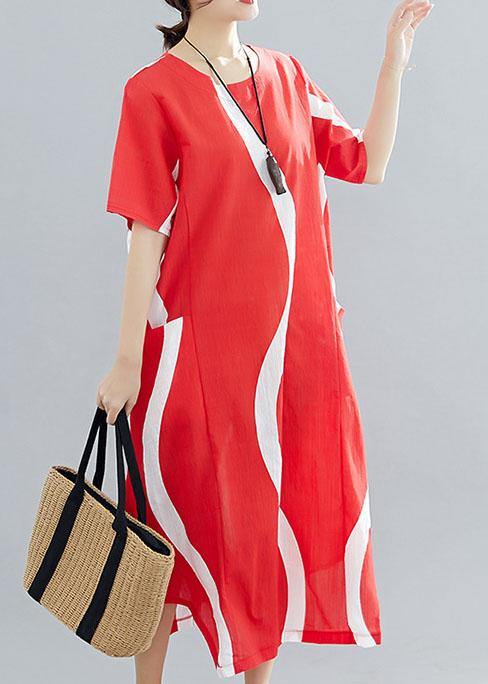 Loose red striped cotton Tunics o neck asymmetric Traveling summer Dress - bagstylebliss