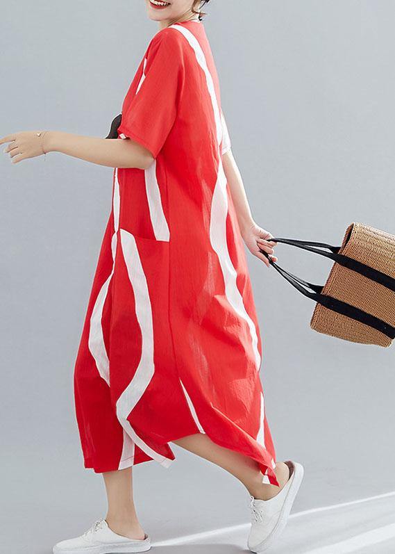 Loose red striped cotton Tunics o neck asymmetric Traveling summer Dress - bagstylebliss