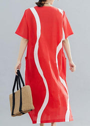 Loose red striped cotton Tunics o neck asymmetric Traveling summer Dress - bagstylebliss