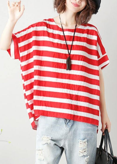 Loose red striped cotton clothes For Women o neck Batwing Sleeve silhouette blouses - bagstylebliss