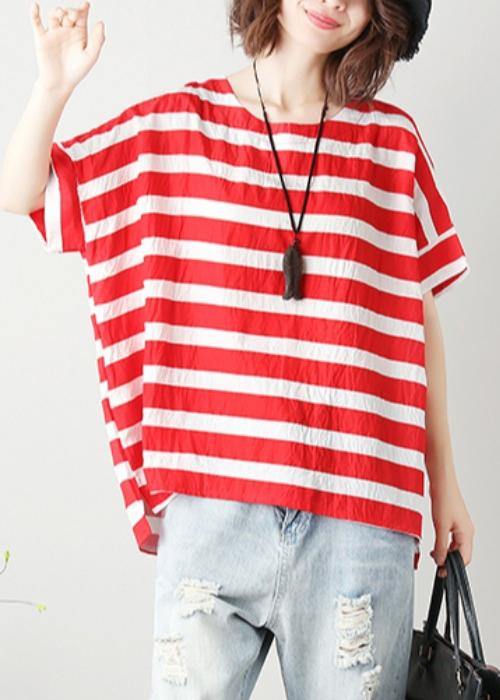 Loose red striped cotton clothes For Women o neck Batwing Sleeve silhouette blouses - bagstylebliss