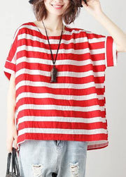 Loose red striped cotton clothes For Women o neck Batwing Sleeve silhouette blouses - bagstylebliss