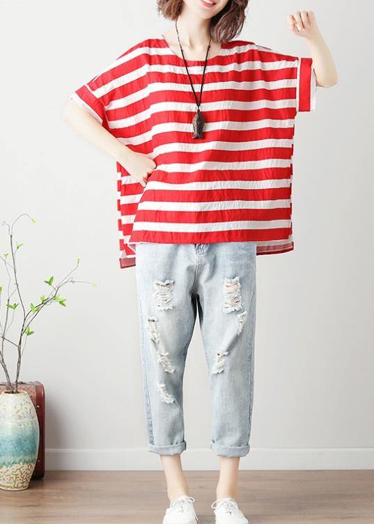 Loose red striped cotton clothes For Women o neck Batwing Sleeve silhouette blouses - bagstylebliss