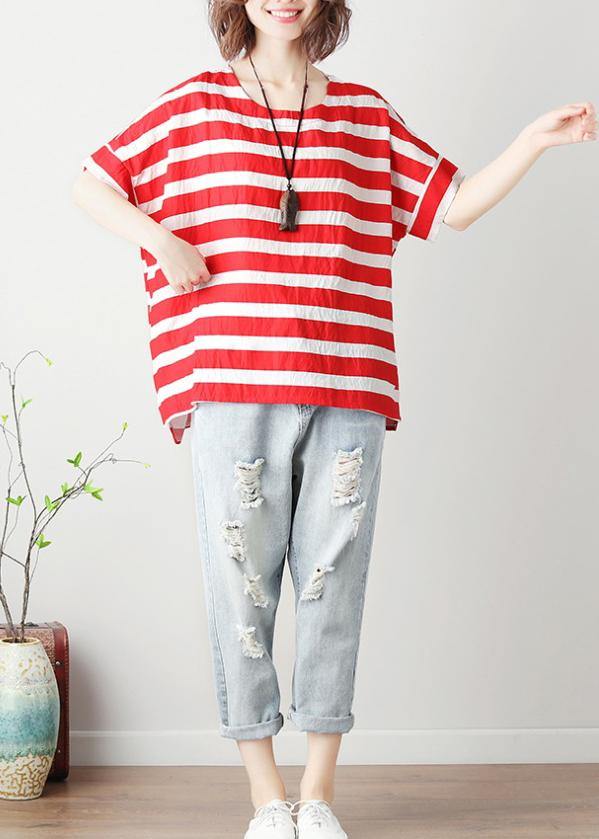 Loose red striped cotton clothes For Women o neck Batwing Sleeve silhouette blouses - bagstylebliss