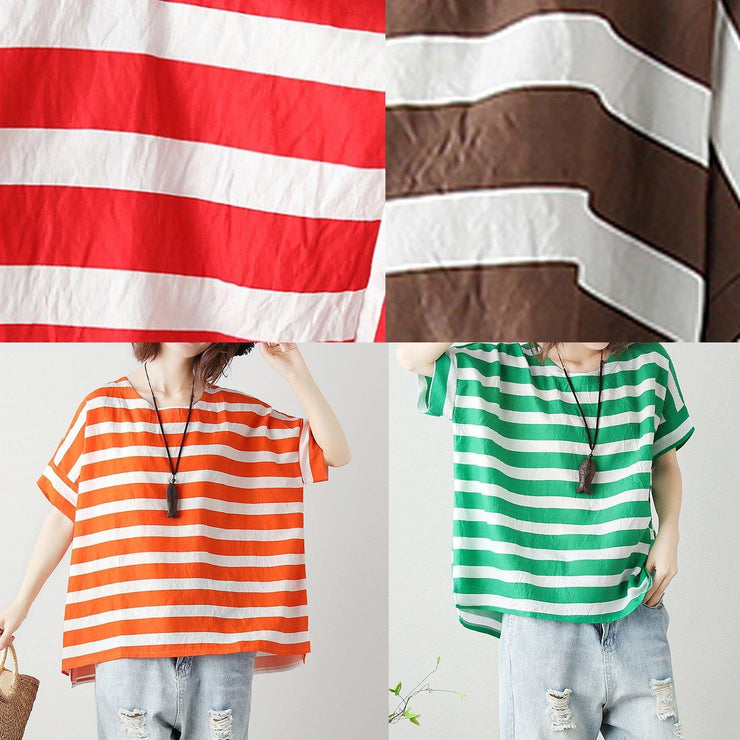 Loose red striped cotton clothes For Women o neck Batwing Sleeve silhouette blouses - bagstylebliss