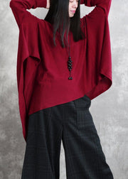 Loose red tops asymmetric hem oversized high neck blouse - bagstylebliss