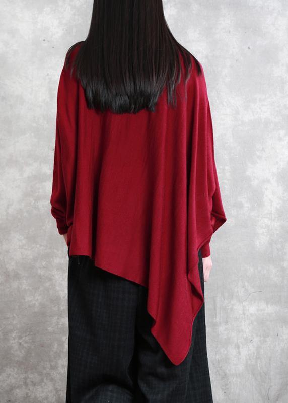 Loose red tops asymmetric hem oversized high neck blouse - bagstylebliss