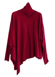 Loose red tops asymmetric hem oversized high neck blouse - bagstylebliss