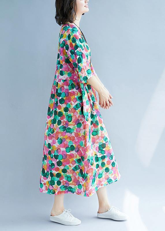 Loose rose dotted prints cotton linen Wardrobes short sleeve Kaftan summer Dress - bagstylebliss
